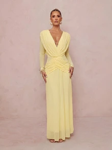 Lumalex Pale Yellow Draped Mesh Maxi Dress Deep V-Neckline Low V-Back Draping Easter Vacation Holiday Cruises Beach Dinner Date Weekend Fall Elegant - Pale Yellow - View 8