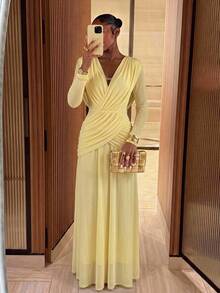 Lumalex Pale Yellow Draped Mesh Maxi Dress Deep V-Neckline Low V-Back Draping Easter Vacation Holiday Cruises Beach Dinner Date Weekend Fall Elegant - Pale Yellow - View 3