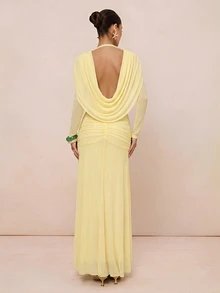 Lumalex Pale Yellow Draped Mesh Maxi Dress Deep V-Neckline Low V-Back Draping Easter Vacation Holiday Cruises Beach Dinner Date Weekend Fall Elegant - Pale Yellow - View 11