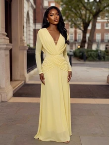 Lumalex Pale Yellow Draped Mesh Maxi Dress Deep V-Neckline Low V-Back Draping Easter Vacation Holiday Cruises Beach Dinner Date Weekend Fall Elegant - Pale Yellow - View 5