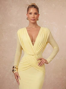 Lumalex Pale Yellow Draped Mesh Maxi Dress Deep V-Neckline Low V-Back Draping Easter Vacation Holiday Cruises Beach Dinner Date Weekend Fall Elegant - Pale Yellow - View 4
