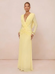 Lumalex Pale Yellow Draped Mesh Maxi Dress Deep V-Neckline Low V-Back Draping Easter Vacation Holiday Cruises Beach Dinner Date Weekend Fall Elegant - Pale Yellow - View 17