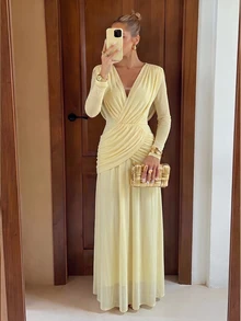 Lumalex Pale Yellow Draped Mesh Maxi Dress Deep V-Neckline Low V-Back Draping Easter Vacation Holiday Cruises Beach Dinner Date Weekend Fall Elegant - Pale Yellow - View 16