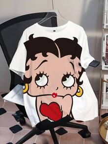 Betty Boop x SHEIN Plus Size Casual Cartoon Print T-Shirt, Summer - White - View 4