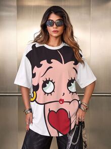 Betty Boop x SHEIN Plus Size Casual Cartoon Print T-Shirt, Summer - White - View 1