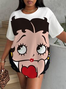 Betty Boop x SHEIN Plus Size Casual Cartoon Print T-Shirt, Summer - White - View 7