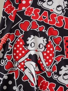 Betty Boop x SHEIN 女士爱心波点卡通复古少女图案黑色吊带睡裙，休闲百搭，日常夏季穿着 - 紅色 - 查看 7