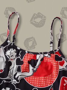 Betty Boop x SHEIN 女士爱心波点卡通复古少女图案黑色吊带睡裙，休闲百搭，日常夏季穿着 - 紅色 - 查看 8