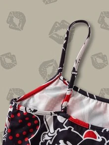 Betty Boop x SHEIN 女士爱心波点卡通复古少女图案黑色吊带睡裙，休闲百搭，日常夏季穿着 - 紅色 - 查看 9