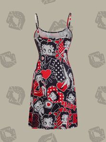 Betty Boop x SHEIN 女士爱心波点卡通复古少女图案黑色吊带睡裙，休闲百搭，日常夏季穿着 - 紅色 - 查看 2