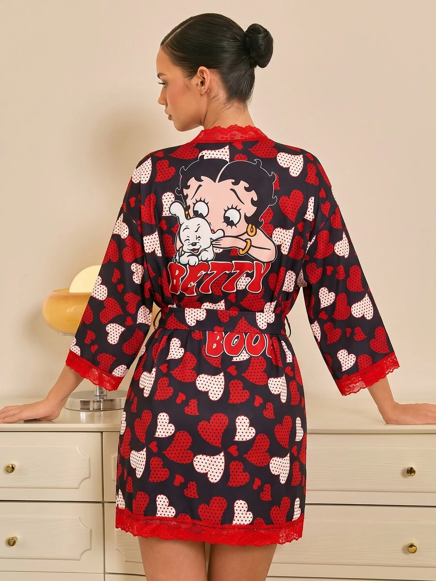 Betty Boop x SHEIN 女款字母與卡通印花休閒日常居家睡袍 - 黑色 - 查看 1