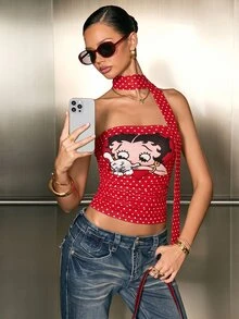 Betty Boop x SHEIN Women's Polka Dot Cartoon Print Casual Versatile Daily Wear Tube Top - Red - View 1