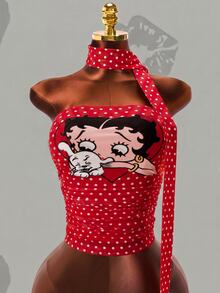 Betty Boop x SHEIN Women's Polka Dot Cartoon Print Casual Versatile Daily Wear Tube Top - Red - View 3
