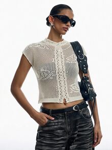 LYSMO Women's Solid Color Hollow Out Casual Boho Versatile Daily Wear Knit Top Brunch Vacation White Summer - Butter Yellow - View 1