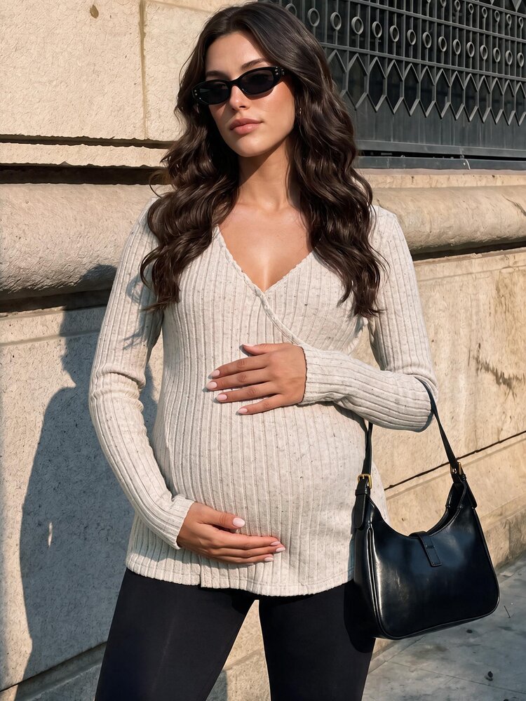 MaterniWear Maternity Casual Wrap Nursing Top For Autumn Fall - Khaki - View 1