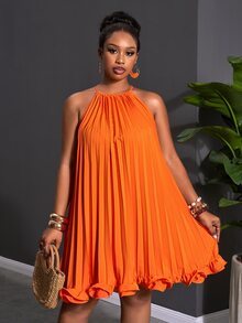 Zivah Women's Plus Size Burnt Orange Summer Elegant Thanksgiving Dress,Halter Neck Sleeveless Tie-Knot Pleated Mini,Boho Ruched A-Line Party Formal - Orange - View 3
