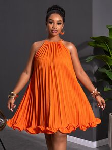 Zivah Women's Plus Size Burnt Orange Summer Elegant Thanksgiving Dress,Halter Neck Sleeveless Tie-Knot Pleated Mini,Boho Ruched A-Line Party Formal - Orange - View 5