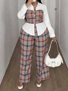 SHEIN CURVE+ Plus Size Women's Fashion New French Collar Plaid Print 2 In 1 Shirt And Pants Two Pieces Set Fall - Multicolor - View 7