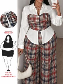 SHEIN CURVE+ Plus Size Women's Fashion New French Collar Plaid Print 2 In 1 Shirt And Pants Two Pieces Set Fall - Multicolor - View 1