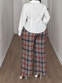 SHEIN CURVE+ Plus Size Women's Fashion New French Collar Plaid Print 2 In 1 Shirt And Pants Two Pieces Set Fall - Multicolor - View 2