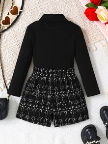 Firerie Kids Firerie Kids 2pcs/Set Young Girl High Collar T-Shirt And Plaid Skorts, Suitable For Everyday And Commute Wear, Autumn - Black - View 2