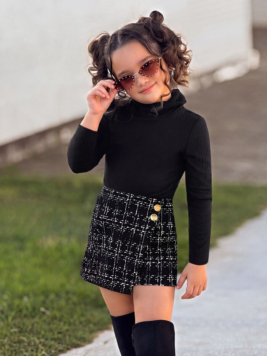 Firerie Kids Firerie Kids 2pcs/Set Young Girl High Collar T-Shirt And Plaid Skorts, Suitable For Everyday And Commute Wear, Autumn - Black - View 1