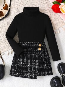 Firerie Kids Firerie Kids 2pcs/Set Young Girl High Collar T-Shirt And Plaid Skorts, Suitable For Everyday And Commute Wear, Autumn - Black - View 6