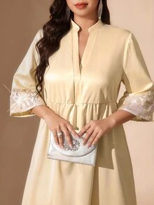 SHEIN LUNE 大尺碼女款V領七分袖荷葉邊優雅星空浪漫洋裝，婚禮主題派對正式晚宴晚裝，白色，適合秋季聖誕節 - 香檳色 - 查看 5