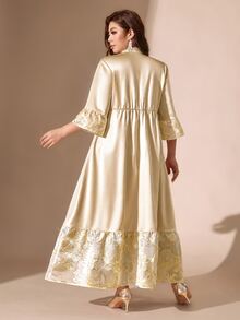 SHEIN LUNE 大尺碼女款V領七分袖荷葉邊優雅星空浪漫洋裝，婚禮主題派對正式晚宴晚裝，白色，適合秋季聖誕節 - 香檳色 - 查看 8