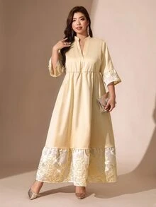 SHEIN LUNE 大尺碼女款V領七分袖荷葉邊優雅星空浪漫洋裝，婚禮主題派對正式晚宴晚裝，白色，適合秋季聖誕節 - 香檳色 - 查看 3