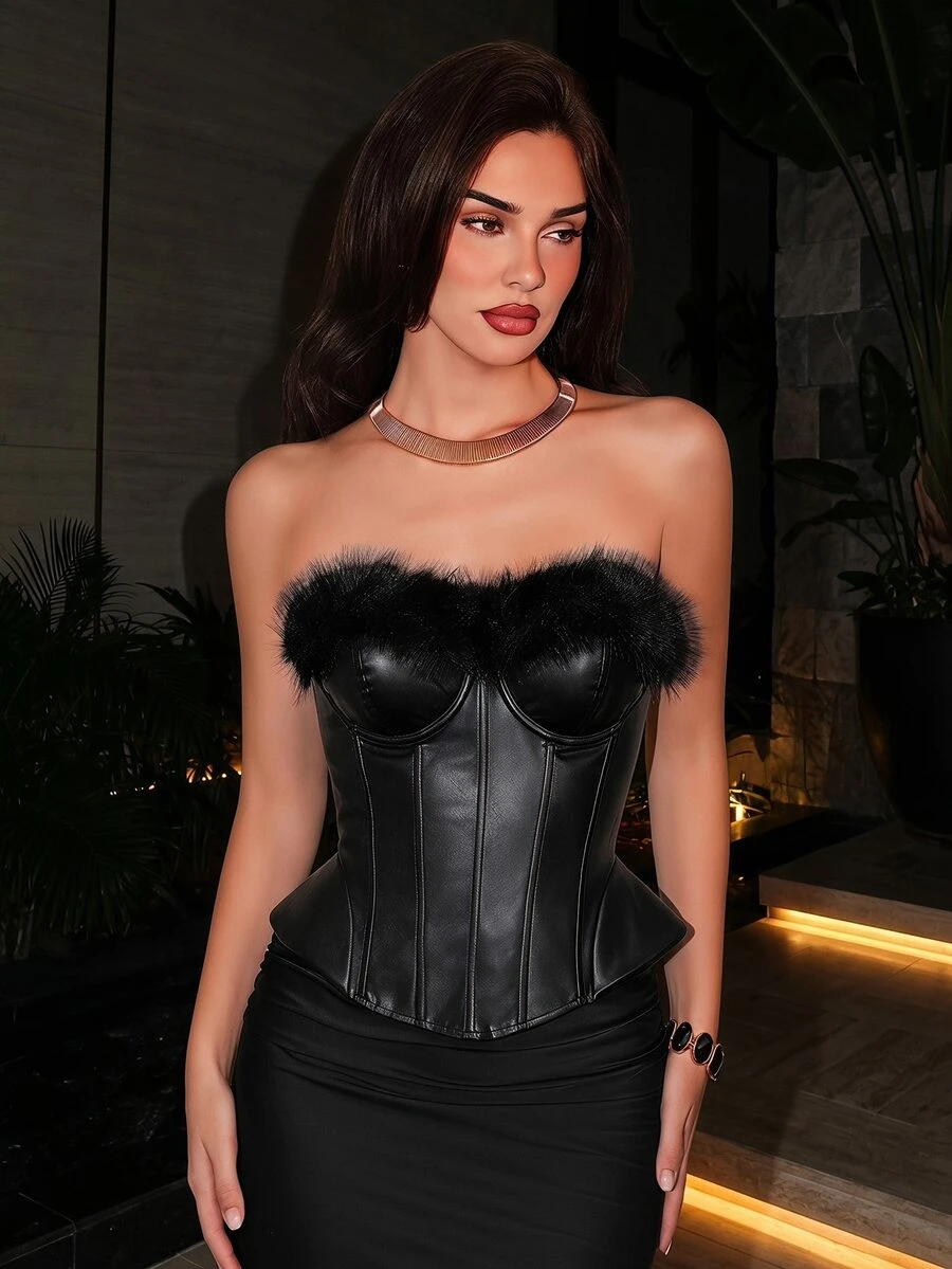 Allurite Women's Fuzzy Patchwork Fitted Versatile Tube Top Halloween Party Club Black Winter Sexy,Cute Tops,Luxury Evening Wedding Dress - Black - View 1