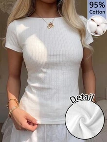 Tseoso Casual Minimalist Sexy 95% Knit Striped Jacquard Short Sleeve T-Shirt, Suitable For Spring And Summer, Spring And Summer Clothing Matching - Apricot - View 1