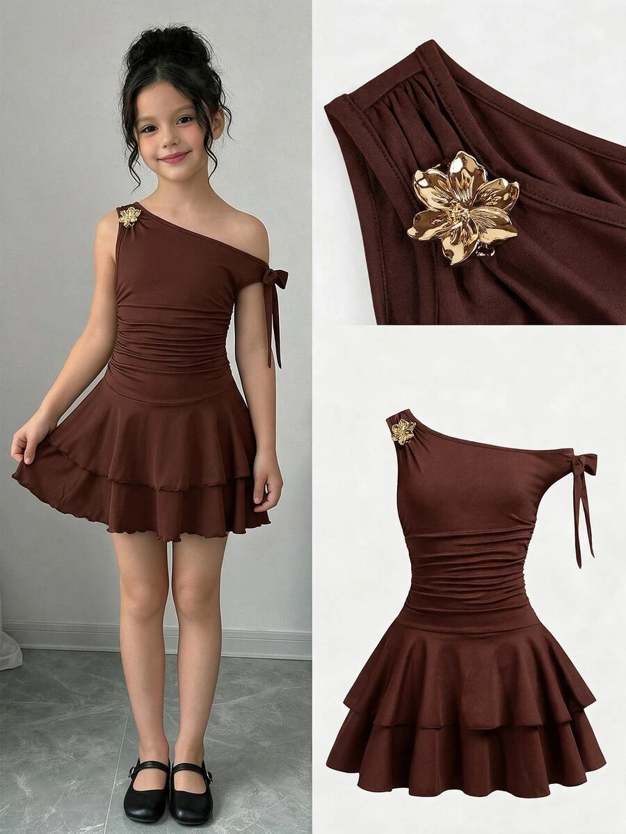 Firerie Kids Firerie Kids Tween Girl Casual Asymmetrical Shoulder Ruched Metallic Rose Decor Sleeveless Cake Dress,Brown Floral,Summer,Cute,Elegant,Party Princess Wedding Wear - Brown - View 1