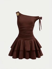 Firerie Kids Firerie Kids Tween Girl Casual Asymmetrical Shoulder Ruched Metallic Rose Decor Sleeveless Cake Dress,Brown Floral,Summer,Cute,Elegant,Party Princess Wedding Wear - Brown - View 6