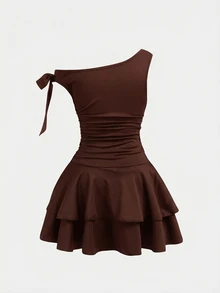 Firerie Kids Firerie Kids Tween Girl Casual Asymmetrical Shoulder Ruched Metallic Rose Decor Sleeveless Cake Dress,Brown Floral,Summer,Cute,Elegant,Party Princess Wedding Wear - Brown - View 2