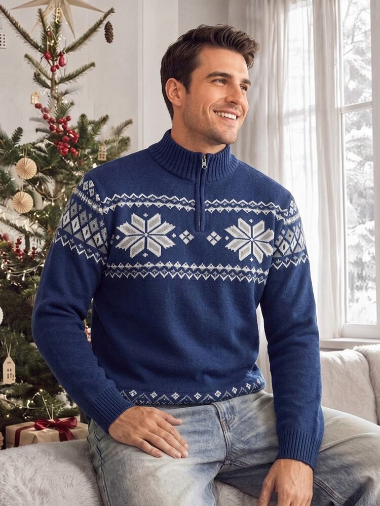 Manfinity Homme Sweater Pria Lengan Panjang Kasual Sehari-hari Motif Kepingan Salju - Navy Blue - View 2