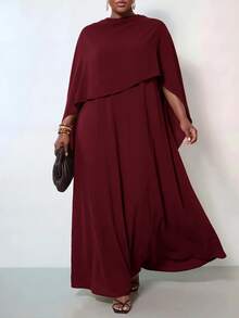 Zivah Women's Plus Size Brown Modest Dress,Winter Formal Al-Adha Cape Style Long Gown,Nomadic Western Birthday Party Graduation College Versatile Basic Fall - Burgundy - View 2