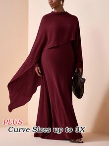 Zivah Women's Plus Size Brown Modest Dress,Winter Formal Al-Adha Cape Style Long Gown,Nomadic Western Birthday Party Graduation College Versatile Basic Fall - Burgundy - View 6