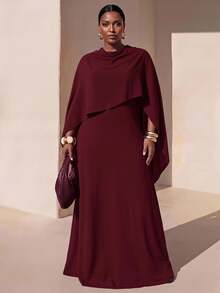 Zivah Women's Plus Size Brown Modest Dress,Winter Formal Al-Adha Cape Style Long Gown,Nomadic Western Birthday Party Graduation College Versatile Basic Fall - Burgundy - View 1
