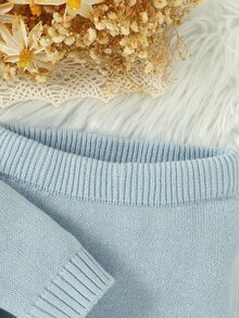 SHEIN Autumn Premier 幼童紳士風針織套裝，彼得潘領長袖上衣搭配新生兒保暖內搭褲，時尚嬰兒日常穿搭套頭衫 - 藍色 - 查看 4