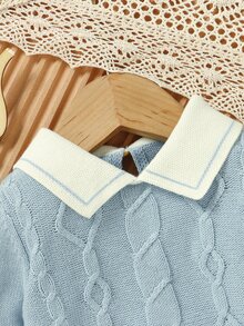SHEIN Autumn Premier 幼童紳士風針織套裝，彼得潘領長袖上衣搭配新生兒保暖內搭褲，時尚嬰兒日常穿搭套頭衫 - 藍色 - 查看 7