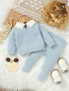 SHEIN Autumn Premier 幼童紳士風針織套裝，彼得潘領長袖上衣搭配新生兒保暖內搭褲，時尚嬰兒日常穿搭套頭衫 - 藍色 - 查看 3