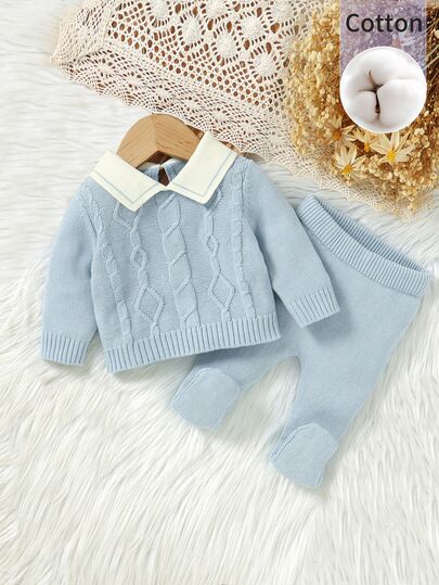 SHEIN Vintaside Kids Autumn Premier Toddler Gentlemen Style Sweater Set, Peter Pan Collar Long Sleeve Top With Newborn Warm Leggings,Stylish Baby Daily Outfit Pullover