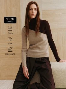 MOTF PREMIUM Atasan sweater pullover wol campuran dengan blok warna asimtotik elegan, kerah tinggi, musim gugur/musim dingin. - MultiWarna - View 8