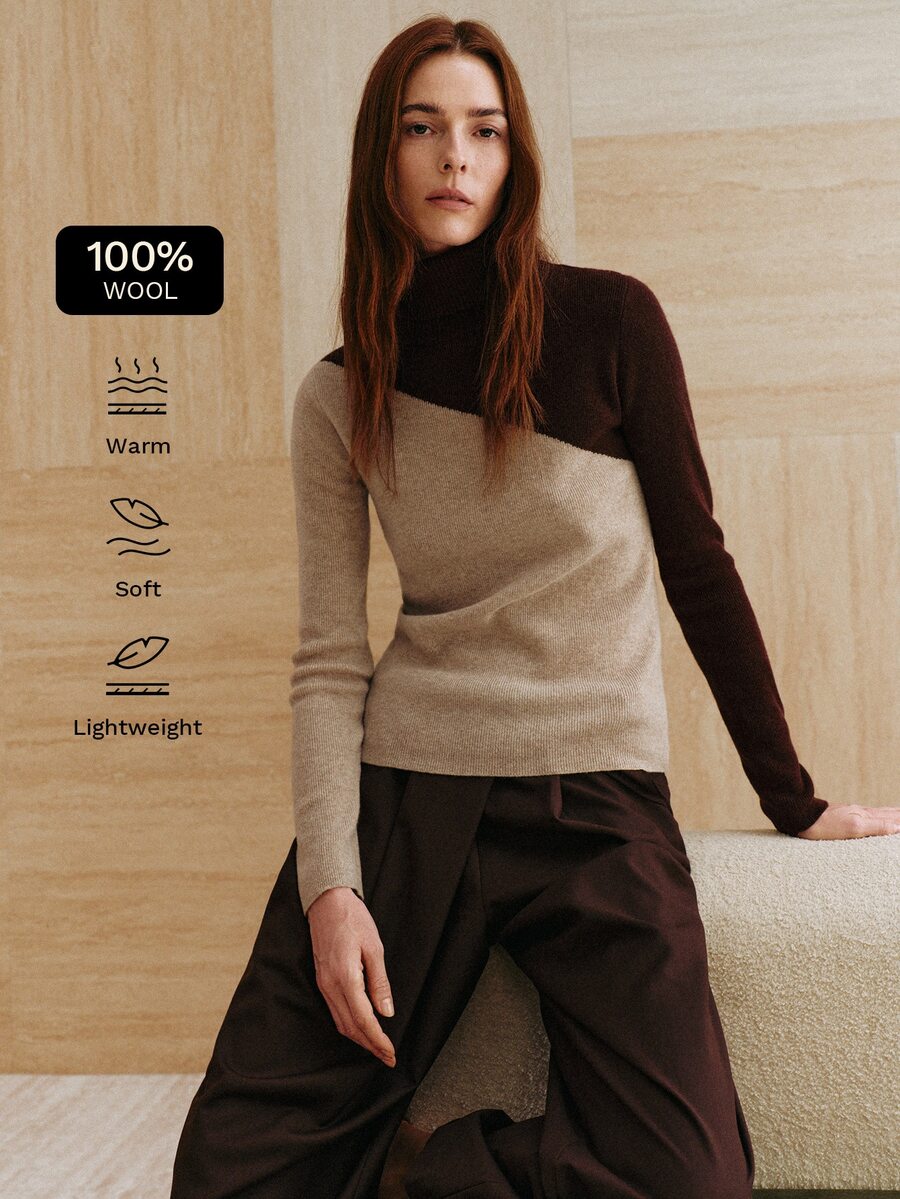 MOTF PREMIUM ELEGANT ASYMMETRIC COLOR BLOCK HIGH NECK WOOL BLEND PULLOVER SWEATER TOP, AUTUMN/WINTER - Multicolor - View 1