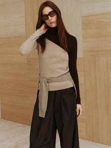 MOTF PREMIUM Atasan sweater pullover wol campuran dengan blok warna asimtotik elegan, kerah tinggi, musim gugur/musim dingin. - MultiWarna - View 5