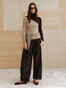 MOTF PREMIUM Atasan sweater pullover wol campuran dengan blok warna asimtotik elegan, kerah tinggi, musim gugur/musim dingin. - MultiWarna - View 3