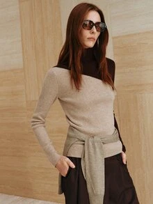 MOTF PREMIUM Atasan sweater pullover wol campuran dengan blok warna asimtotik elegan, kerah tinggi, musim gugur/musim dingin. - MultiWarna - View 4