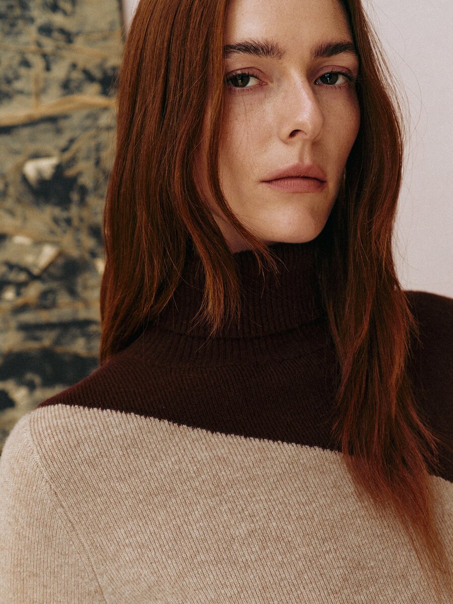 MOTF PREMIUM ELEGANT ASYMMETRIC COLOR BLOCK HIGH NECK WOOL BLEND PULLOVER SWEATER TOP, AUTUMN/WINTER - Multicolor - View 2