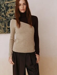 MOTF PREMIUM Atasan sweater pullover wol campuran dengan blok warna asimtotik elegan, kerah tinggi, musim gugur/musim dingin. - MultiWarna - View 6